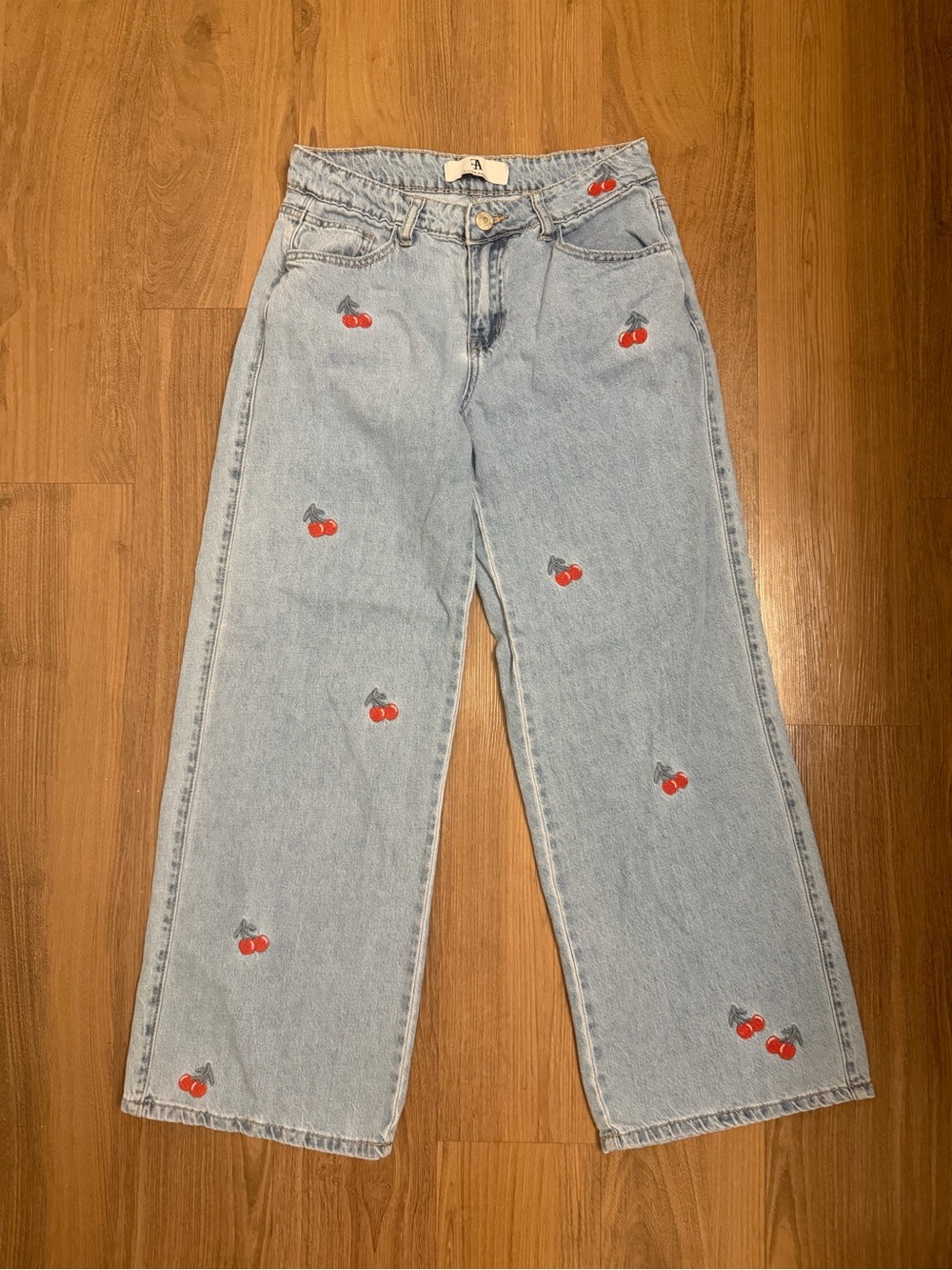 Flying Angel Cherry Embroidered Light Wash Jeans